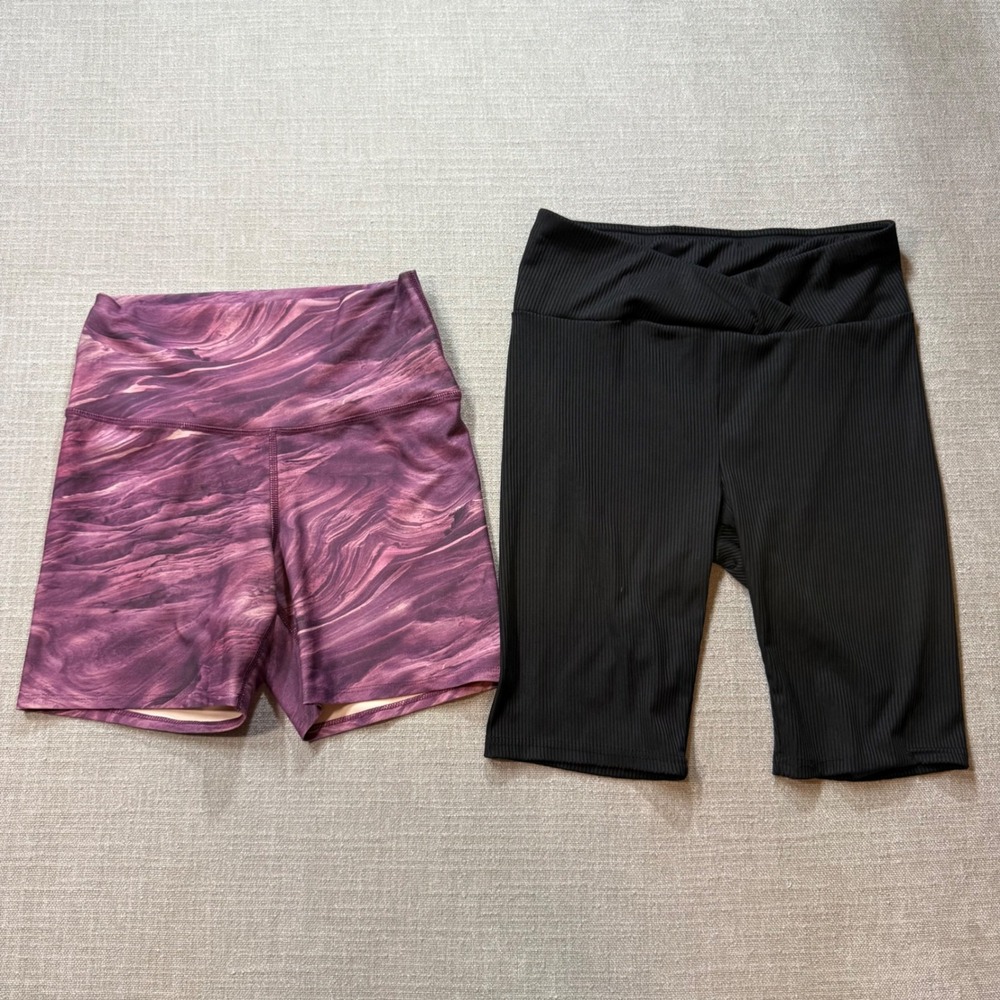 Bundle 2 Women Biker Shorts Flexure Marble Purple Shosho Ribbed Black Size Large